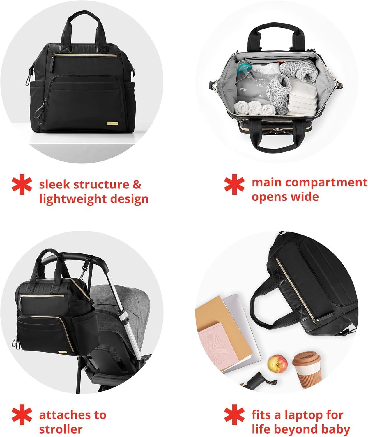 imageSkip Hop Diaper Bag Backpack Mainframe Large Capacity Wide Open Structure with Changing Pad amp Stroller Attachement Black with Gold TrimBlack