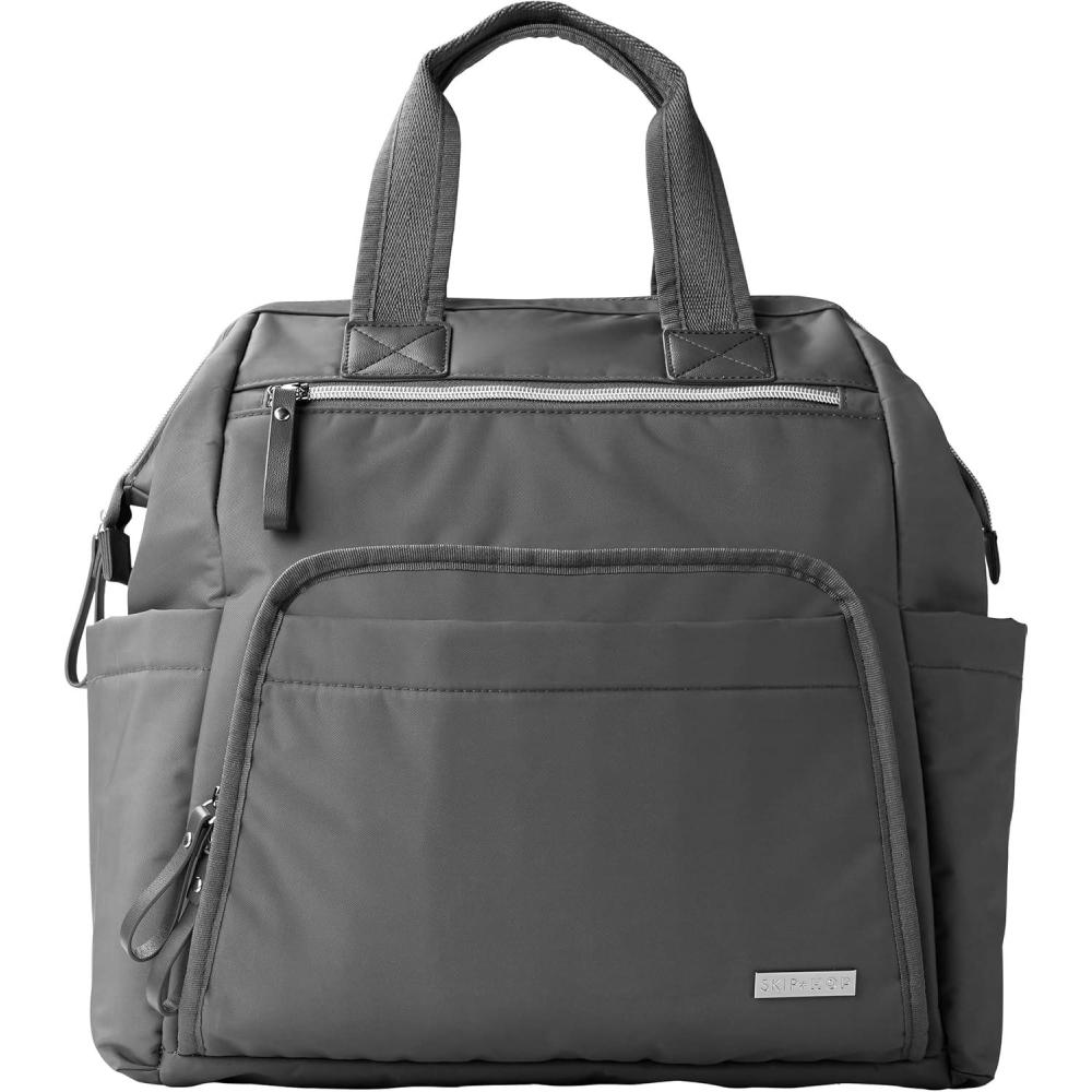 imageSkip Hop Diaper Bag Backpack Mainframe Large Capacity Wide Open Structure with Changing Pad amp Stroller Attachement Black with Gold TrimCharcoal
