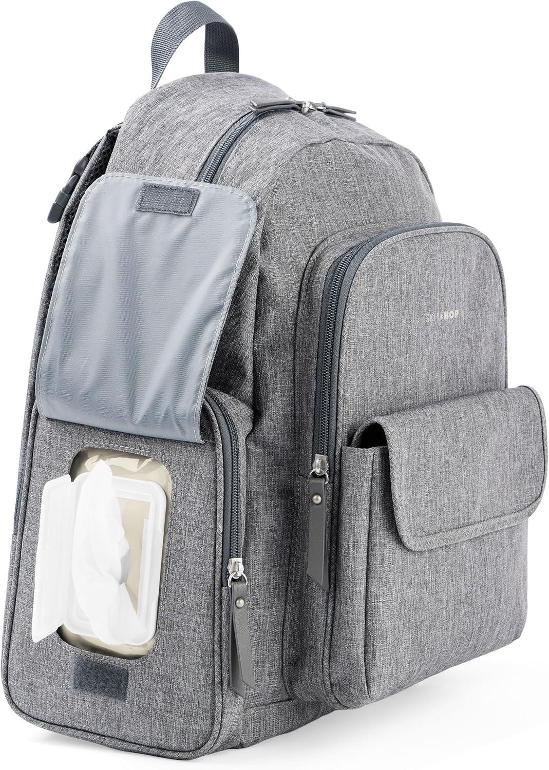 imageSkip Hop Diaper Bag Backpack with Portable Changing Pad 9 Total Pockets EasyAccess Wipes Pocket Zippered Side Pocket Luggage Sleeve amp Stroller Straps Fits a 15 Laptop Luna Heather GreyHeather Grey