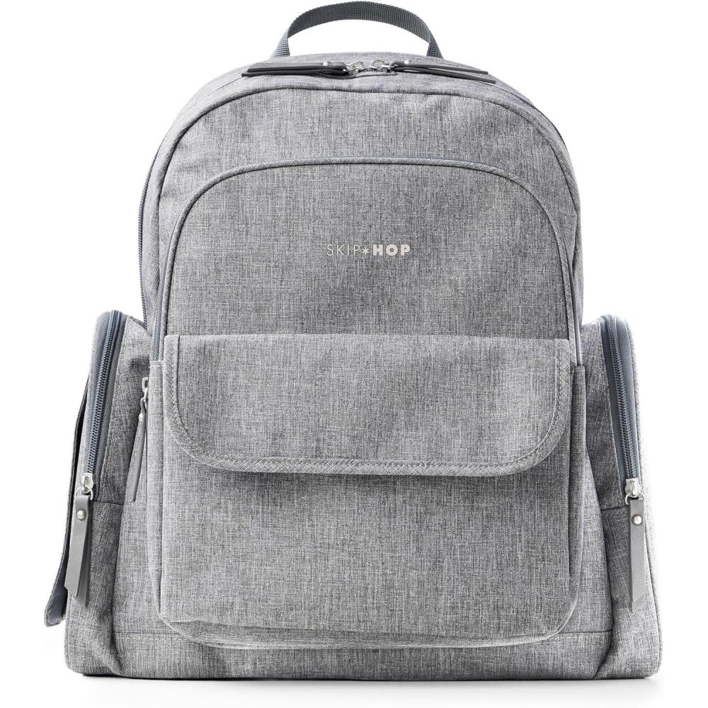 imageSkip Hop Diaper Bag Backpack with Portable Changing Pad 9 Total Pockets EasyAccess Wipes Pocket Zippered Side Pocket Luggage Sleeve amp Stroller Straps Fits a 15 Laptop Luna Heather GreyHeather Grey